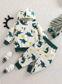Set de 2 piezas de chaqueta con capucha y pantalones con estampado de dinosaurio recién nacido para otoño/invierno