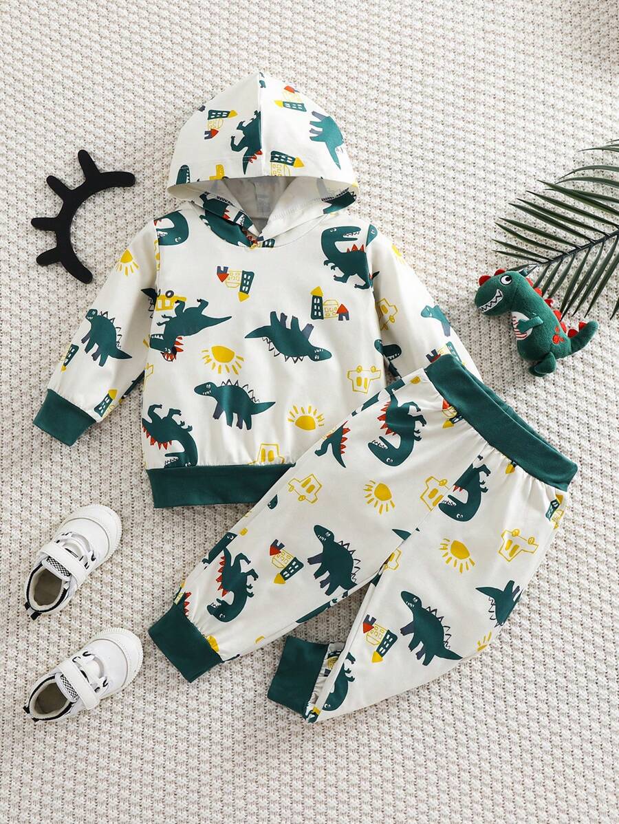 Set de 2 piezas de chaqueta con capucha y pantalones con estampado de dinosaurio recién nacido para otoño/invierno