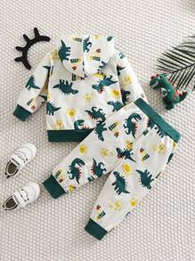 Set de 2 piezas de chaqueta con capucha y pantalones con estampado de dinosaurio recién nacido para otoño/invierno