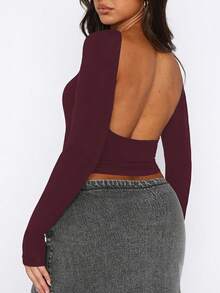 大码女式长袖性感露背修身 T 恤