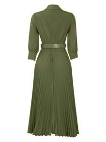 Elegant Waisted Solid Color Pleated Dress With Belt, Lady-Like Design, Spring/Summer - 橄欖綠 - 查看 6