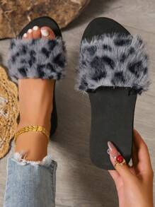 女士毛绒拖鞋，时尚百搭优质软底毛绒带拖鞋，适合室内外穿着，春秋季 - 灰色 - 查看 2