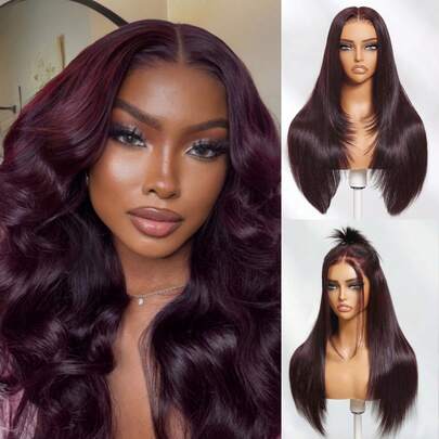  7"X5" Bye-Bye Knots™ Lace Closure Black & Cherry Color Layered Straight Wig, Pre-Cut, Pre-Bleached, Pre-Plucked Lace Front Wig, No Glue Needed, For Women, Unice Hair