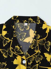 蝴蝶印花撞色滚边睡衣套装 - 黑色 - 查看 3