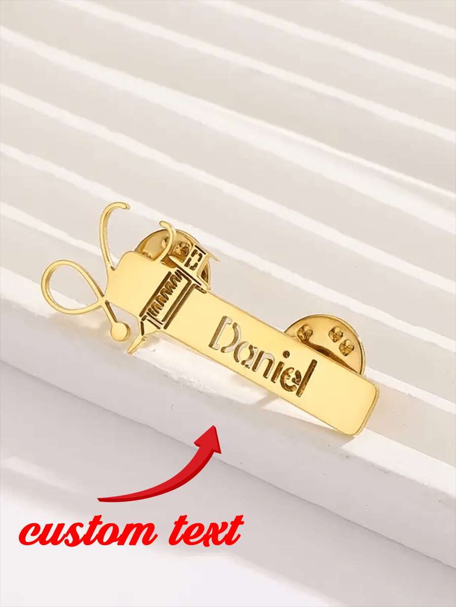 Custom Elegant Nurse & Doctor Name Badge Brooch Stainless Steel With Chic Syringe & Stethoscope Design For International Nurses Day & Nurse Accessories For Work Jewelry Gifts - As Shown - View 1