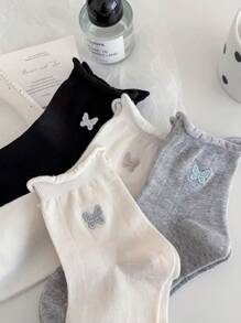 4pcs/Set Women's Nylon Spring/Summer Rolled Edge Cute Bow Embroidery Mid-Calf Socks, Soft Warm Breathable Moisture Wicking, Suitable For Home, Sports, Party, Holiday Gifts