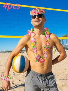 4 件套夏威夷花环项链、头带和手链套装、海滩节日服装配饰