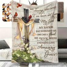 1pc Cross Printed Faith Flannel Blanket Soft Warm Tow With Inspirational Design Reversible All-Season Blanket For Couch Sofa Office Bed Camping And Travel Natural Earth Tone 50" X 60" Cozy Camping Blanket | Decorat Blanket | Woodtoned Fabric