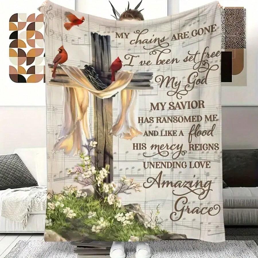 1pc Cross Printed Faith Flannel Blanket Soft Warm Tow With Inspirational Design Reversible All-Season Blanket For Couch Sofa Office Bed Camping And Travel Natural Earth Tone 50" X 60" Cozy Camping Blanket | Decorat Blanket | Woodtoned Fabric