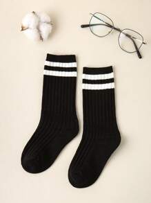 2双儿童袜子双杠图案男童女童四季简约休闲运动风格日常旅行可穿儿童袜子。 - 黑與白 - 查看 6