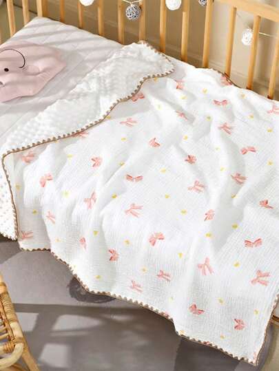 1pc Pink Bow Pattern Baby Warm Embossed Plush Blanket, Nursery Infant Cover, Adult Office Cold-Proof Shawl, Child Car Seat Wrap, All Season