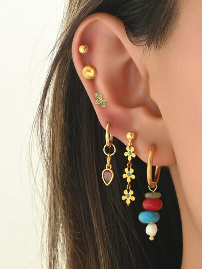 7 件/套优雅彩色锆石绿松石天然石耳环，简约时尚女士耳环套装，适合约会、派对、日常佩戴