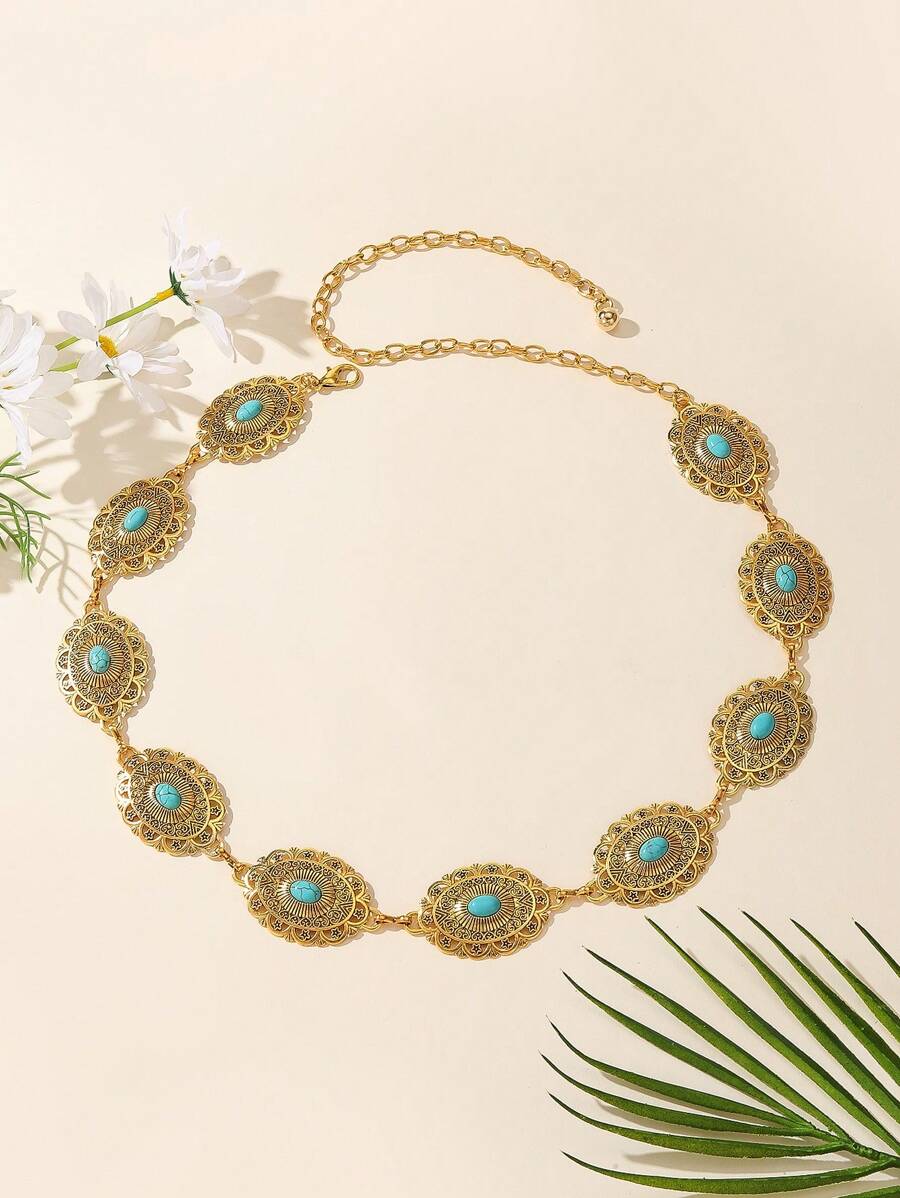 Retro Oval Floral Retro Pattern Faux Vintage Silver Waist Chain, Versatile Metal Waist Belt For Dresses And Pants - Golden Sapphire - View 1