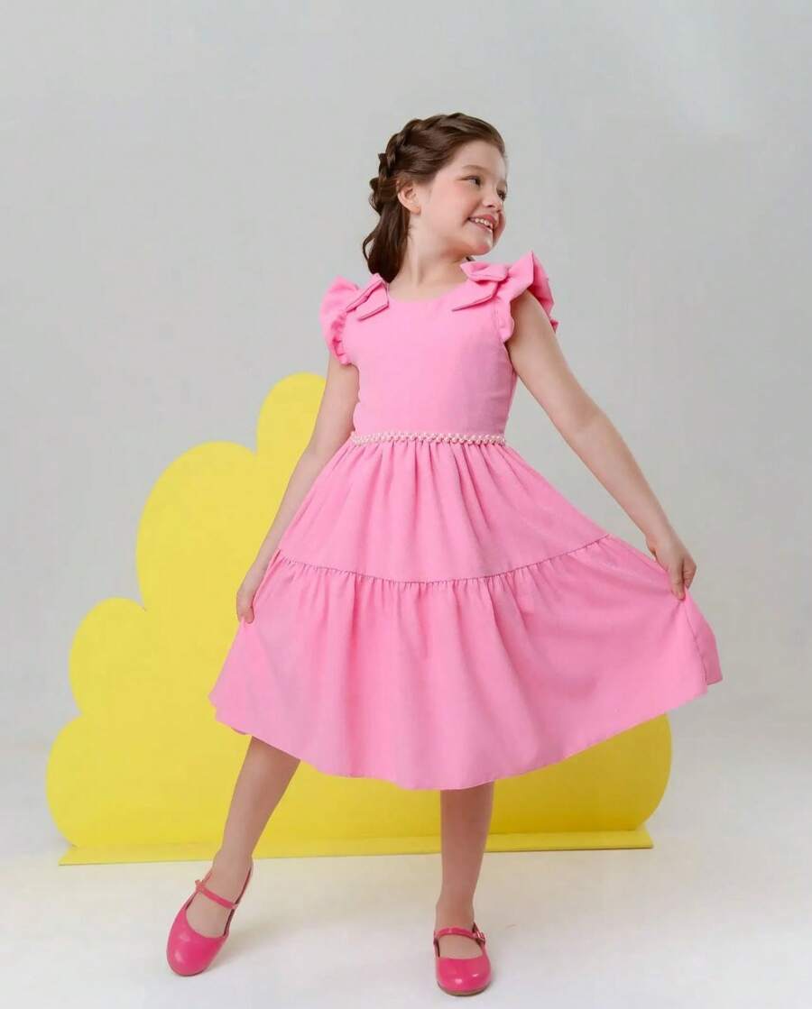 Premium Charm Dress Diva Gringa Versatile Wedding Birthday Party Round Girl Church Evangelical Fashion Baptism Young Teenager Girl Children's Gift Youth Fashion Fashion Blogger Luxury Details Sleeve Bow Beautiful Christmas New Year - 淺粉色 - 查看 1