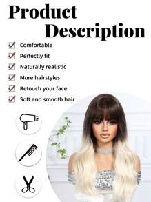 舒适高品质深棕色渐变金色女士化纤假发 24 英寸长卷发带刘海合成耐热纤维材料非常适合度假旅行家庭聚会角色扮演日常穿着