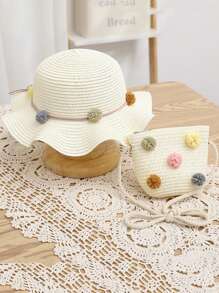2pcs/Set Toddler Girls' Straw Hat & Backpack Set, Outdoor Beach Sun Protection Hat & Cartoon Ball Decorated Backpack, Suitable For Daily Wear, Summer