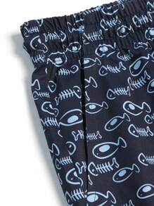 Herren Fischgrätenmuster Rundhals Kurzarm Lässig T-Shirt & Shorts Set mit Kordelzug Taille