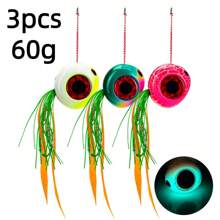 Juego de 3 señuelos de pesca tipo kabura 60g/80g/100g/150g/200g con brillo, para pesca de arrastre lenta, cebo para pesca en barco y mar con faldas de goma y ganchos asistentes, señuelos deslizantes