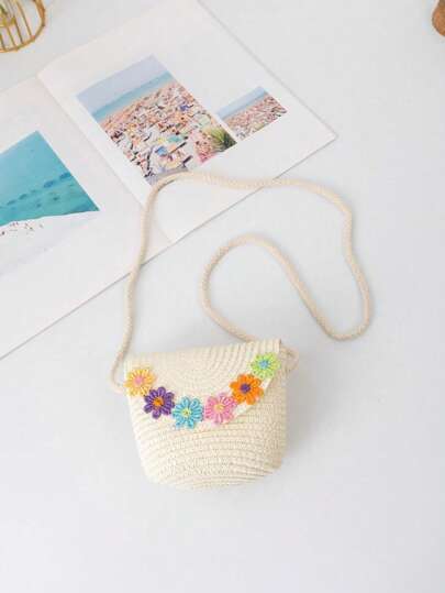 1pc Kids Mini Beach Cute Woven Flap Bag, Colorful Flower One Shoulder Crossbody Bag, Daisy One Shoulder Crossbody Flap Bag, Children's Storage Pouch