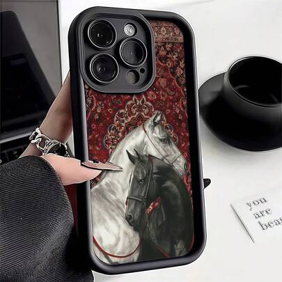 حافظة هاتف مخصصة بنمط الحصان الأسود والأبيض متوافقة مع 16ProMax/15/14Plus/13/12/11، تصميم شخصي، مقاومة للماء والصدمات وخدوش، هدية ربيعية لعيد الميلاد