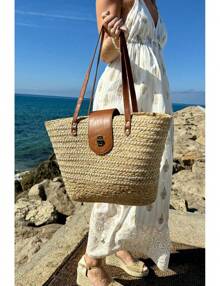 Bolsa Sacola Verão 2 Texturas Palha e Cotton Forrada Alça em Couro P.U S-5097 - Caramelo - Visão 4