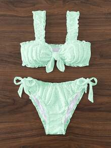 Adjustable Strap Ruched Bikini Set, Triangle Swim Bottoms With Side Tie - Green - View 3