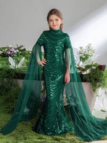 Tween Girl's High Neck Long Sleeved Sequined Mermaid Formal Dress