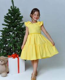 Premium Charm Dress Diva Gringa Versatile Wedding Birthday Party Round Girl Church Evangelical Fashion Baptism Young Teenager Girl Children's Gift Youth Fashion Fashion Blogger Luxury Details Sleeve Bow Beautiful Christmas New Year - 黃色 - 查看 3