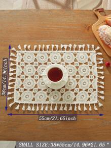 100% Pplyester Natural Cream Crochet Hollow Round Pattern Rectangle Table Runner With All-Around Tassel Fringe, Breathable Hand Knit Table Mat, Boho Farmhouse Decor Doily For Dining Table Breakfast Table Coffee Side Table Kitchen Home Decor - Beige - View 9