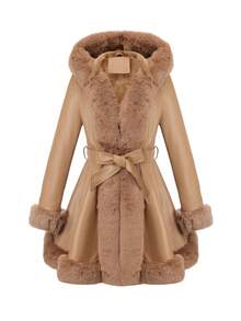 Giolshon 女士 PU 皮革夹克，带人造毛皮内衬、帽子和腰带 - 简约时尚，适合秋冬季穿着 - 卡其色 - 查看 1