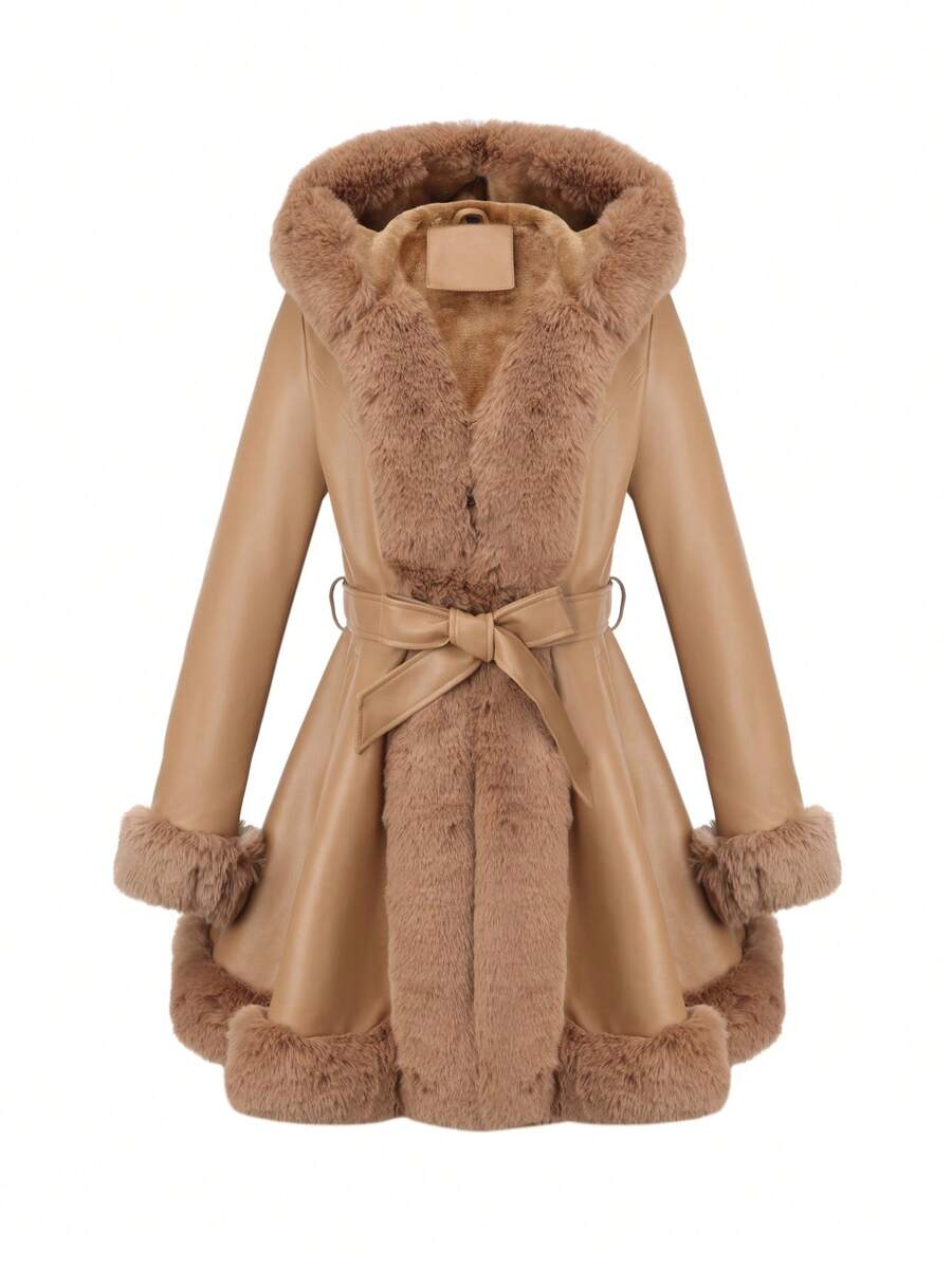 Giolshon 女士 PU 皮革夹克，带人造毛皮内衬、帽子和腰带 - 简约时尚，适合秋冬季穿着 - 卡其色 - 查看 1