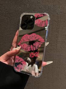 Funda protectora para teléfono con patrón de labios rojos y espejo, a prueba de caídas, compatible con iPhone