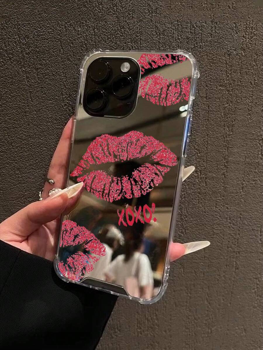 Funda protectora para teléfono con patrón de labios rojos y espejo, a prueba de caídas, compatible con iPhone
