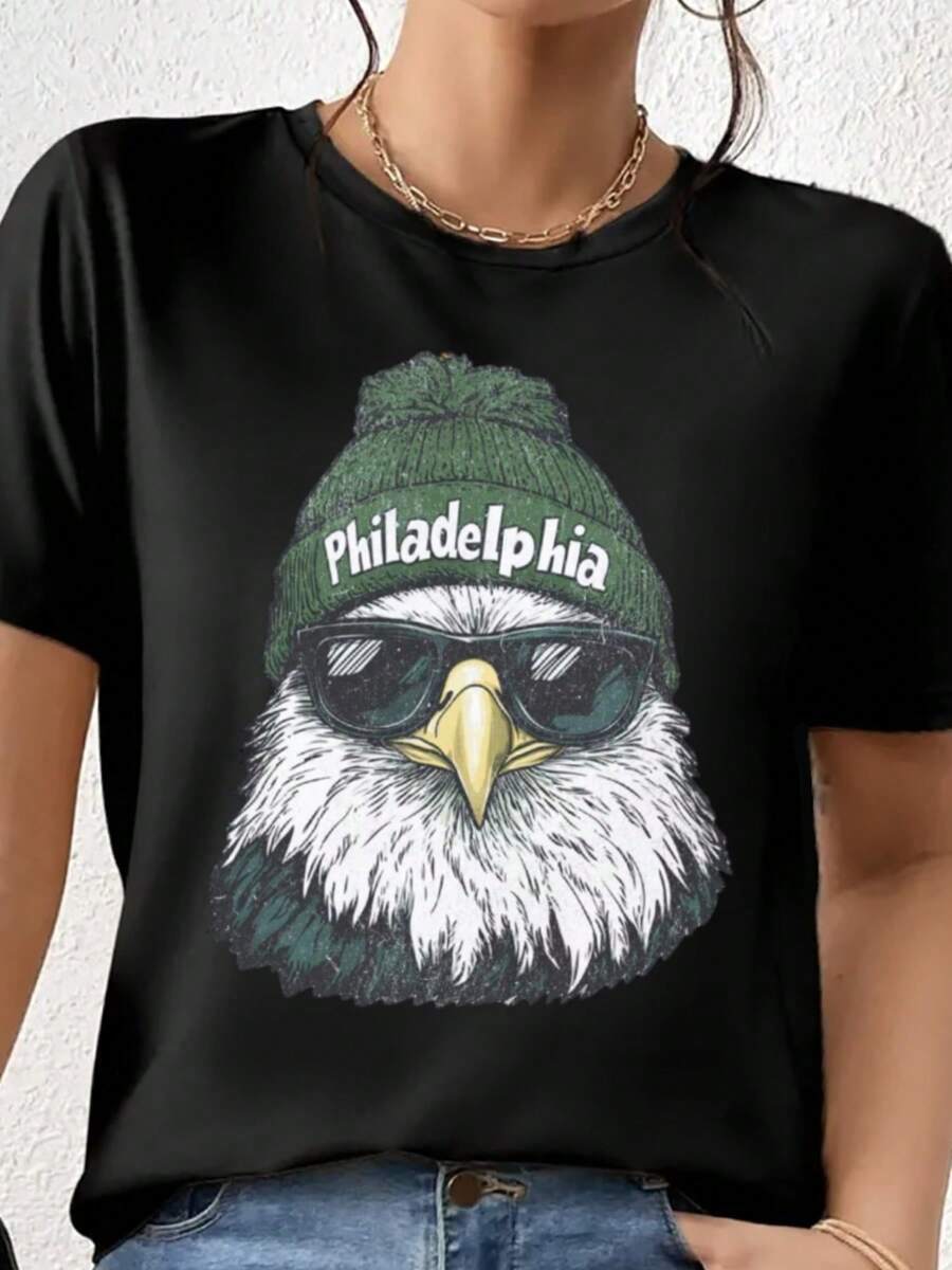 Women Fashion 1Pcs 100% Cotton 220g Philadelphia Eagle Ladies T Shirt - 黑色 - 查看 1