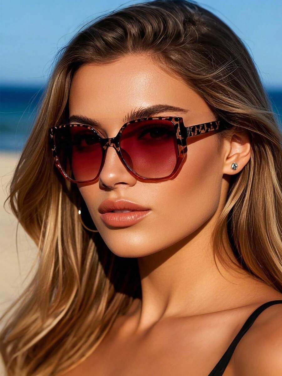 复古方形超大豹纹塑料太阳镜，波西米亚风格经典时尚眼镜，适合户外旅行海滩度假，驾驶时防紫外线，时尚遮阳优雅装扮，家庭出游旅行度假，适合夏季海滩度假、户外、旅行 - 彩色 - 查看 1