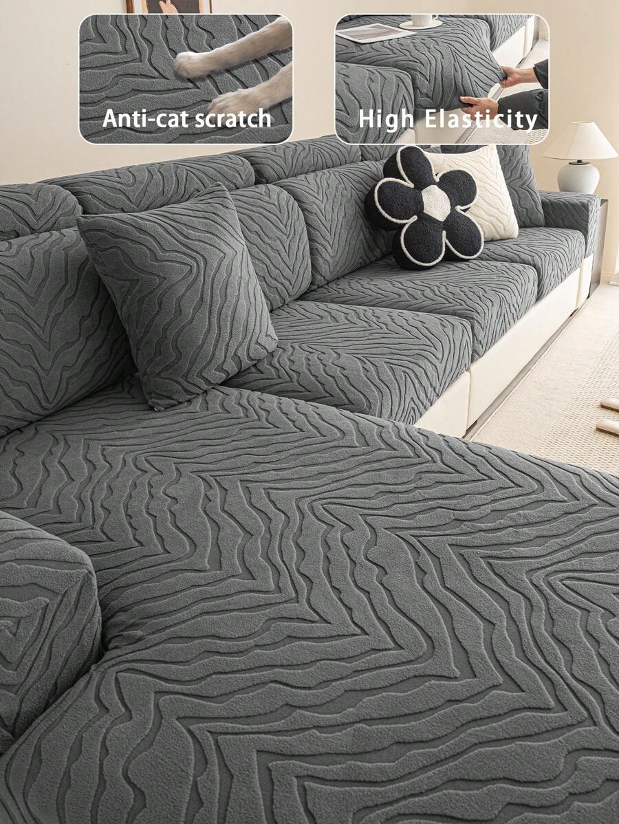 1pc Plush Jacquard Anti-Slip Sofa Seat Cushion Cover, Waterproof, Soft & Skin-Friendly, Pet-Proof, Elastic Sofa Slipcover, Suitable For L-Shaped Combination Sofa And 1/2/3/4 Seat Sofa, All Season - Dark Grey - View 1