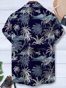 Hawaiian Coconut Tree Men's Button Pocket Short Sleeve Shirt - Navy Blue - View 3