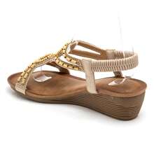 Summer Fashion Crystal & Pearl Decor Wedge Heel Thong Sandals - Beige - View 3