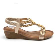 Summer Fashion Crystal & Pearl Decor Wedge Heel Thong Sandals - Beige - View 2