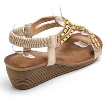 Summer Fashion Crystal & Pearl Decor Wedge Heel Thong Sandals - Beige - View 4