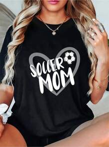 % Cotton Soccer Apparel Soccer Mom-Shirt2025 New Summer Women's Loose Printed Short-Sleeved T-Shirt - Black - View 1