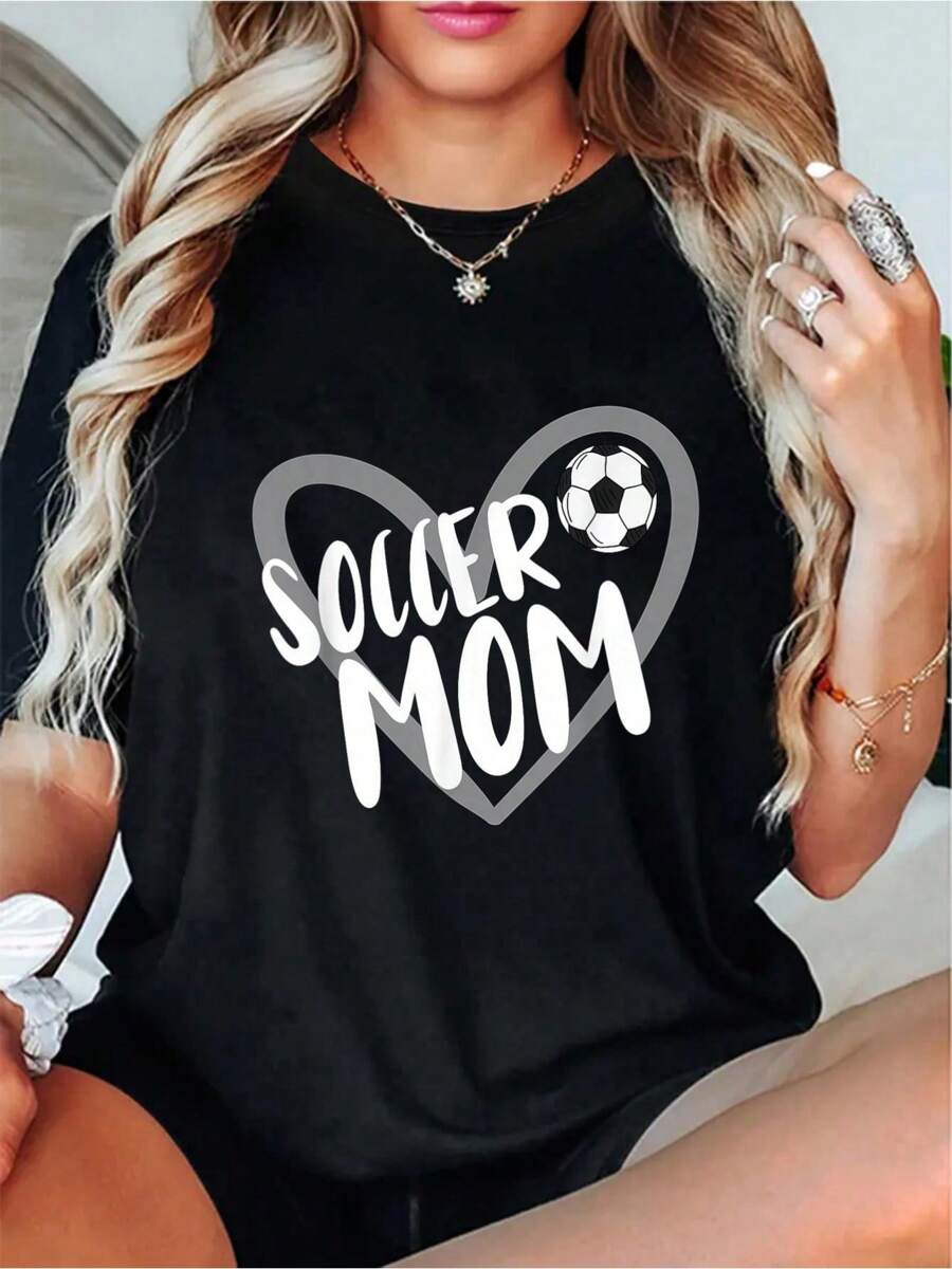% Cotton Soccer Apparel Soccer Mom-Shirt2025 New Summer Women's Loose Printed Short-Sleeved T-Shirt - Black - View 1