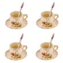 2set/6set Tea Cup And Saucer Set, 8 Oz Tea Cup Set, Teacup, Ceramic Tea Cup With Suacer Spoon, Ivory Vintage Rose Floral With Gold Leaves Trim, Gifts For Women Back To School