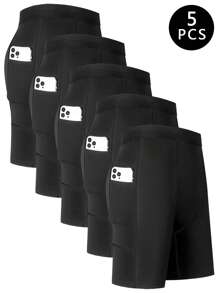 5pcs Men's Sports Running Quick-Drying Boxer Briefs With Pocket, Long Leg Performance Compression Boxer Briefs - Black - View 1