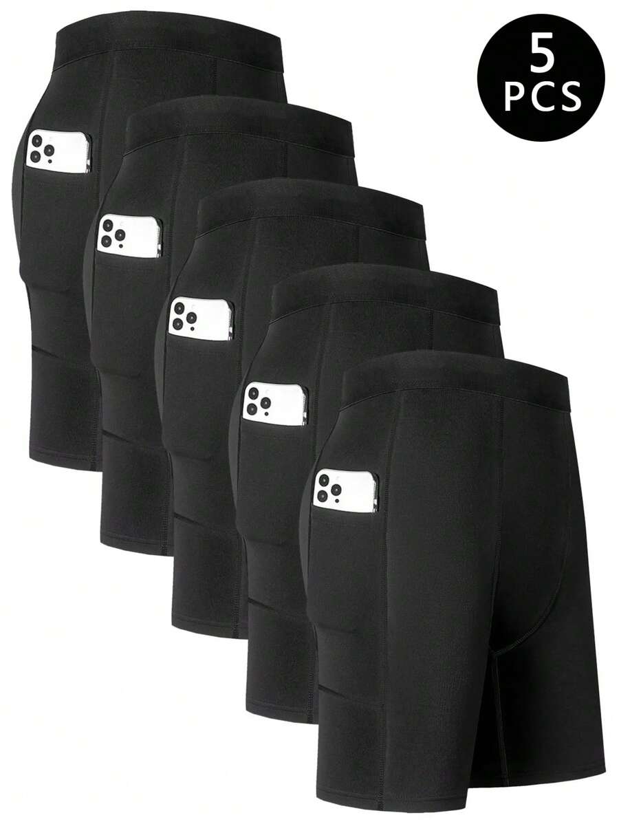 5pcs Men's Sports Running Quick-Drying Boxer Briefs With Pocket, Long Leg Performance Compression Boxer Briefs - Black - View 1