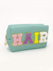 1 件装化妆工具收纳雪尼尔字母化妆包大容量防水洗漱包旅行收纳包假日度假必备礼物送给妈妈 - 彩色 - 查看 5