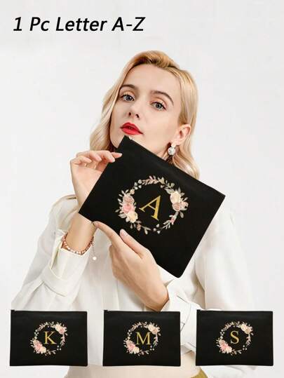 1 件 简易收纳袋 洗漱袋 帆布化妆袋 收纳袋 拉链钱包 多功能 轻便 便携 日常通勤包 适合旅行 度假 商务通勤 学校 办公室和郊游 送给朋友的礼物 纯色帆布 时尚字母花朵花环图案 休闲化妆包 适合学生 适合男女朋友 情侣 伴娘 妈妈 返校用品 旅行配件