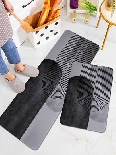 1pc Cinza Moderno Minimalista Linha Padrão Impressão Tapete de Cozinha, Coral Fleece Retângulo Macio Antiderrapante Absorvente Tapete, Adequado para Cozinha, Sala de Jantar, Sala de Estar