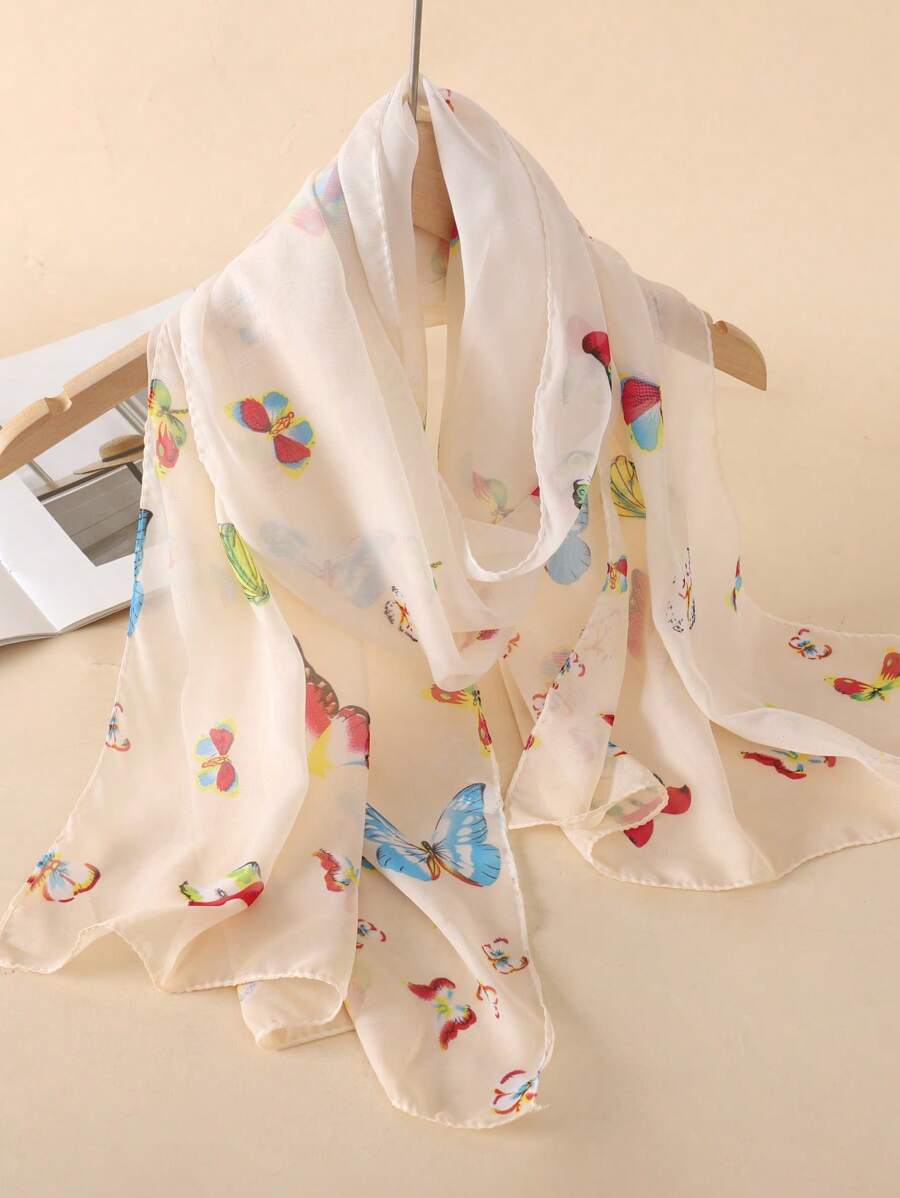 1件装女士优雅简约经典蝴蝶印花雪纺围巾，休闲透气轻薄头巾，防晒百搭，适合搭配连衣裙 - 米色 - 查看 1