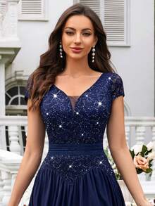 MIUSOL Contrast Sequin Lace Deep V-Neck Cap Sleeve Ruched Hem Evening Party Long Dress,Gown,Formal,Wedding Guest - Navy Blue - View 9